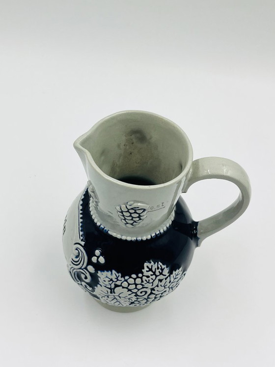 Marzi & Remy Stoneware Wine Pitcher "Le vin dissipe la tristesse", Glass & Decanter, Ceramic, Blue (photo 5 of 8)