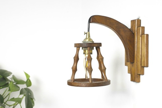 Image 1 of Set van twee Spaanse wandlampen, vintage houten lantaarnlampen, mediterrane verlichting in art-deco-stijl.