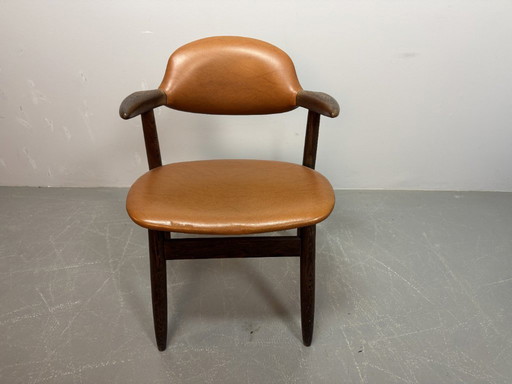 Mid-century Design Original Cognac Leatherette 'Cowhorn' Dining / Side Chair by Tijsseling for Hulmefa, The Netherlands 1970s. 