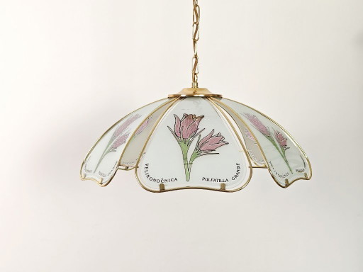 Vintage hanglamp met bloemblaadjes / Retro botanische messing plafondkroonluchter / Glazen tulp hanglamp uit de jaren 80