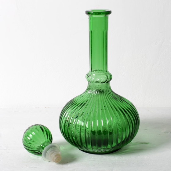 Image 1 of Vintage Emerald Green Glass Decanter / Rare Bottle with Stopper / Empoli / Italy / 1970s