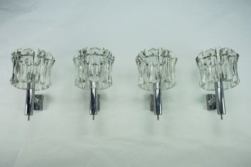 Set of four large Murano glass elements and chromed brass sconces, Italy 1960s.