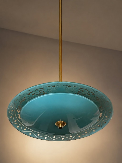 Italian pendant lamp in turquoise - attributed to Pietro Chiesa for Fontana Arte