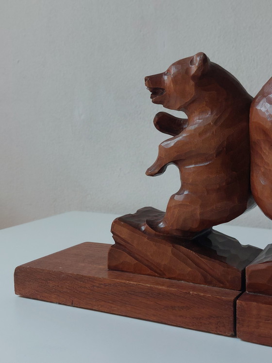 Image 1 of Paire de serre-livres anciens sculptés à la main, sculpture d'ours