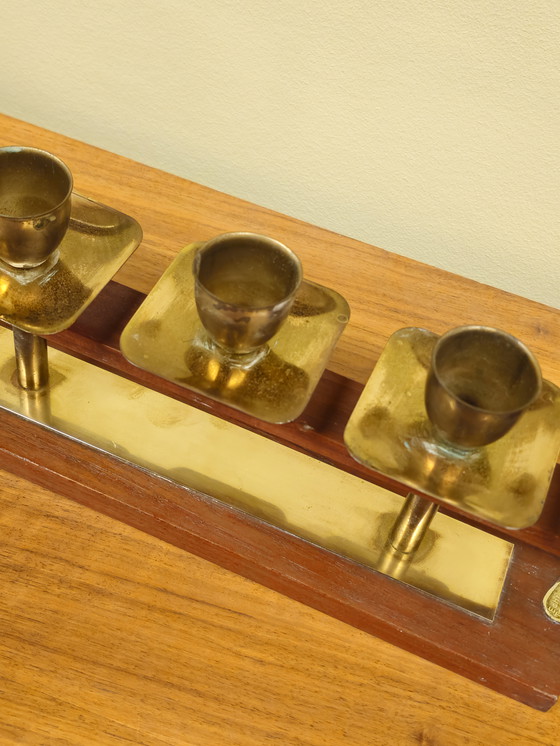 Image 1 of Vintage Teakhouten Kandelaar Kaarsenhouder Messing 