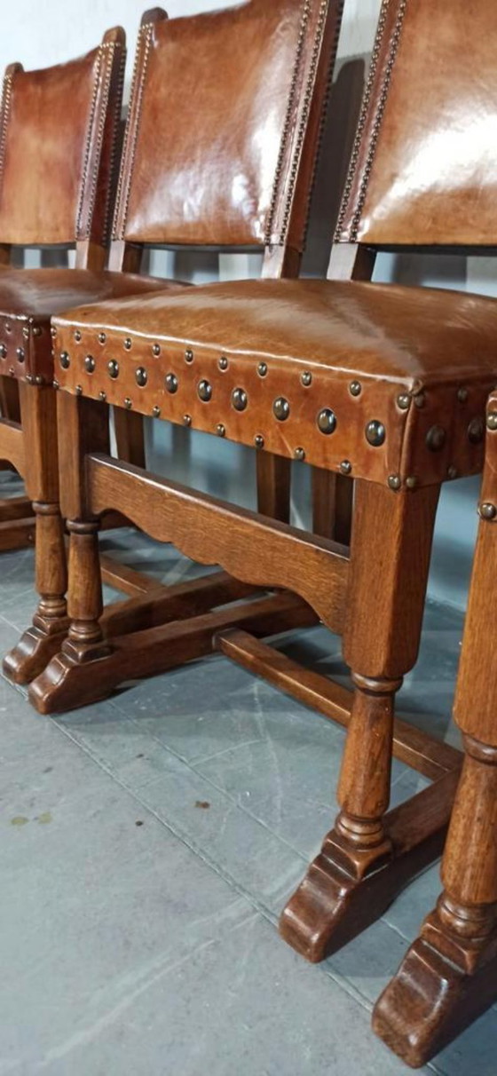 Image 1 of 6 x vintage  Spanish solid wood and leather dining chairs