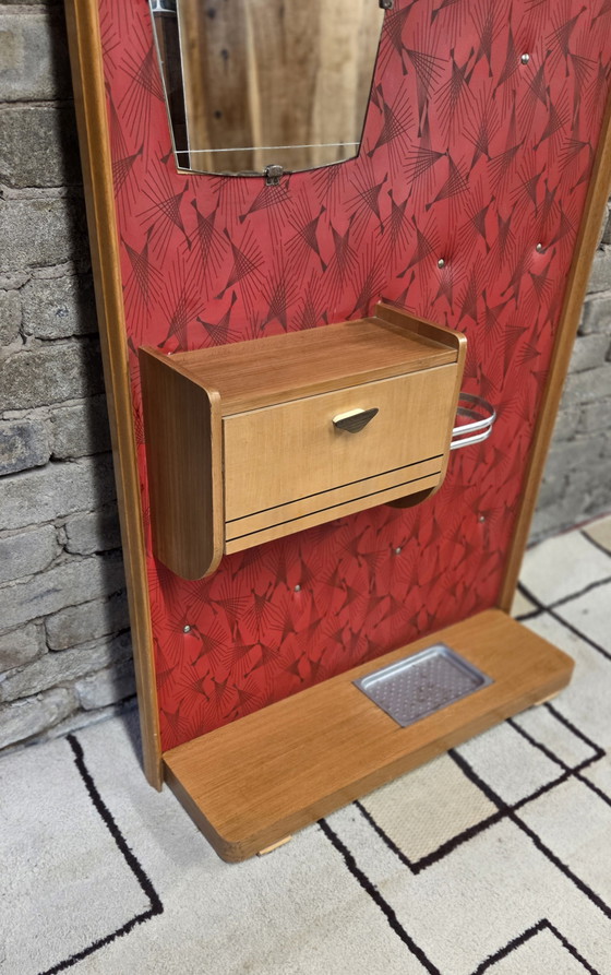 Image 1 of Vintage 1950s/60s Wall-Mounted Coat Rack – Red and Wood Rockabilly Design Cloakroom