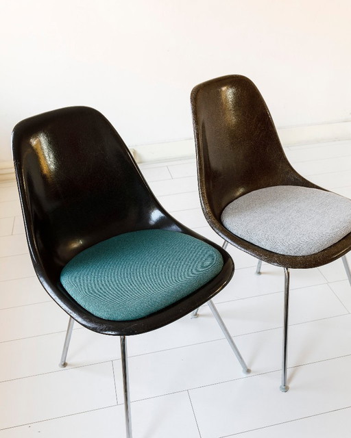 Set van twee Eames kuipjes/ eetkamerstoelen