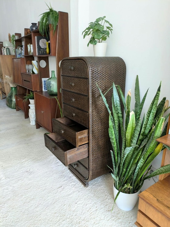 Vintage 70s rattan, webbing tall Chest of drawers – Wood (photo 4 of 6)