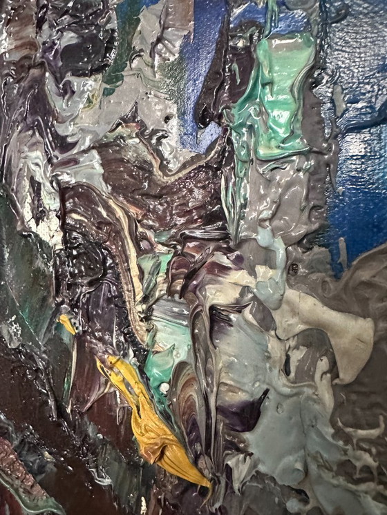 Image 1 of Johannes H.H. Bévort – Abstract-expressionistisch stadsgezicht / marktscène – olieverf op doek (1971)