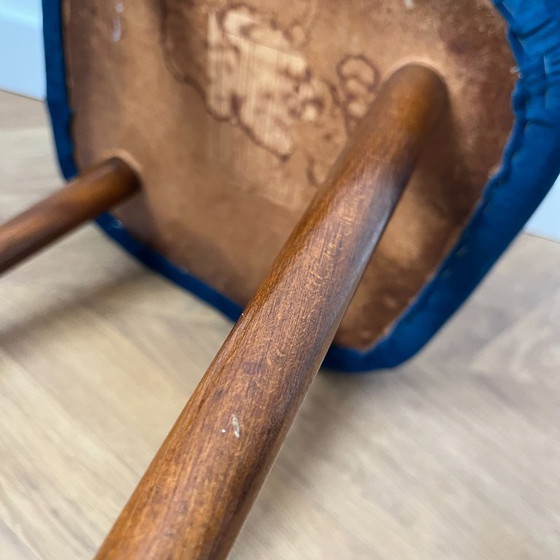 Image 1 of Vintage Velvet Footstool in Dark Teal, Mid Century Modern Stool with Wood Legs