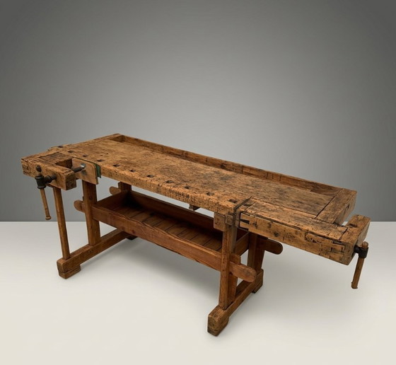 Image 1 of Établi vintage industriel en bois, établi de menuisier