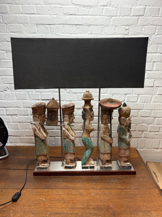Exclusieve Flamant "Processie" Tafellamp – Handgesneden Hout – Etnisch Design – Tafellampen, Metal, Textile (photo 7 of 15)