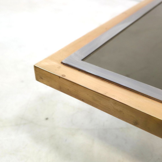 Image 1 of Tavolino da caffè di design Georges Mathias in travertino, ottone e vetro, anni '70.