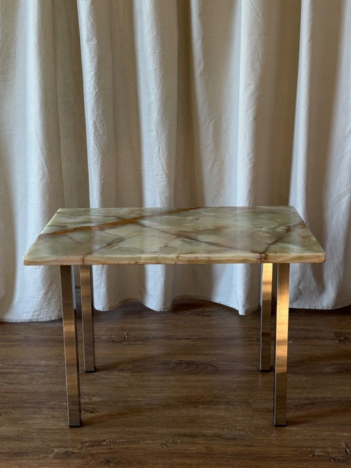 Tavolino laterale in marmo onice verde con base cromata