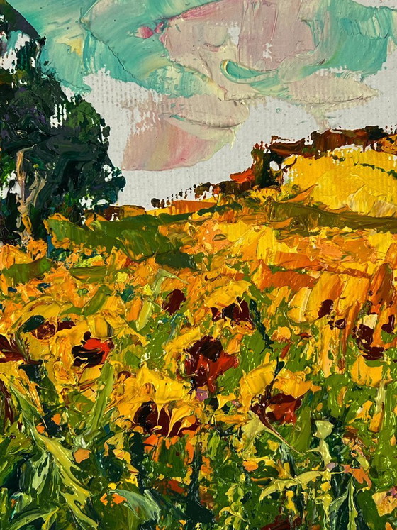Image 1 of Peinture à l'huile originale, paysage naturel, tournesols d'été dans un champ