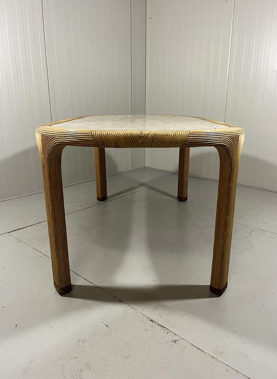 Image 1 of Vivai del Sud rattan and travertine dining table, Italy, 1960s