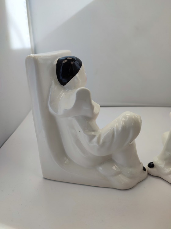 Image 1 of Pierrot Clown Vintage bookend X 2 ceramic white Eighties '80
