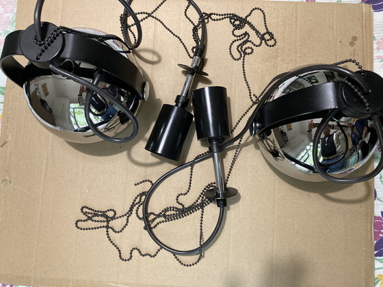 Image 1 of Pair of Chromed Metal Hangers, German Manufacture, 80's Hoffmeister Leuchten House