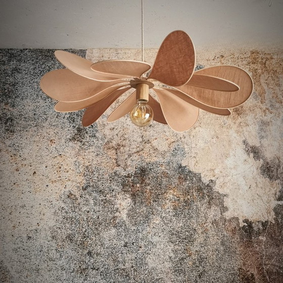 Image 1 of Flower suspension, Vent de Pétales model, 12 petals in rattan and fabric (customizable shade)