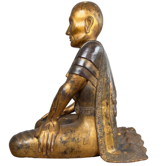 Par de monjes birmanos dorados Sariputta y Moggallana dignos de museo – Esculturas, Iron (photo 6 of 11)