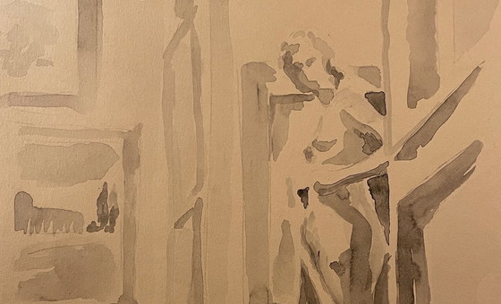 Image 1 of Monochrome sepia watercolor interior of the Sir John Soane Museum London