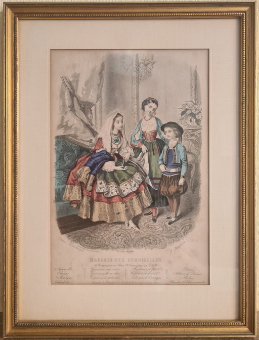 Grabado de moda de 1860 de Jules Desjardins - Lámina de moda mejorada y coloreada a mano, 40 x 30 cm, París.
