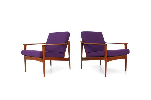 2x Ib Kofod-Larsen per Selig, poltrona / sedia da salotto in teak danese di metà secolo, cuscini nuovi, rivestimento nuovo