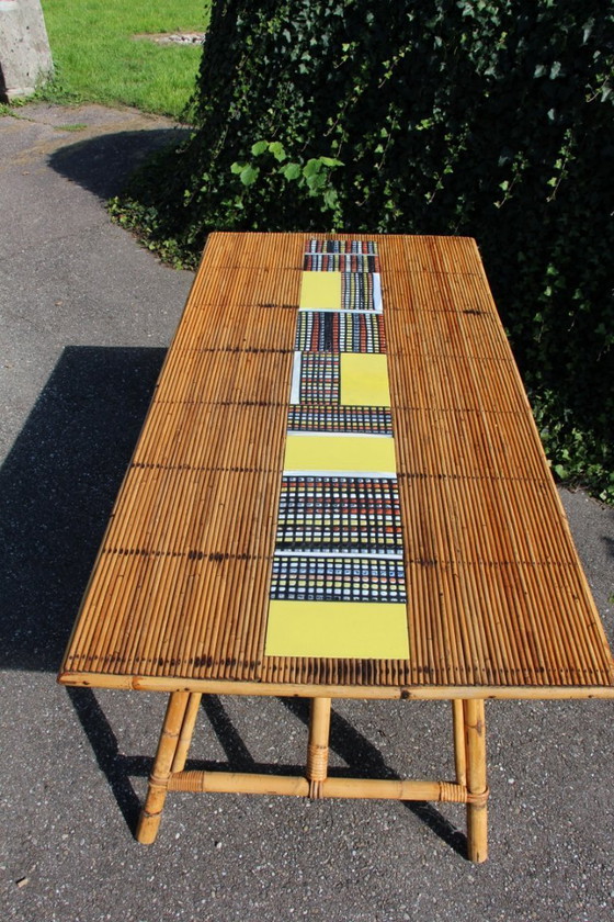 Image 1 of Table haute en céramique et rotin de Audoux Minet et Roger Capron