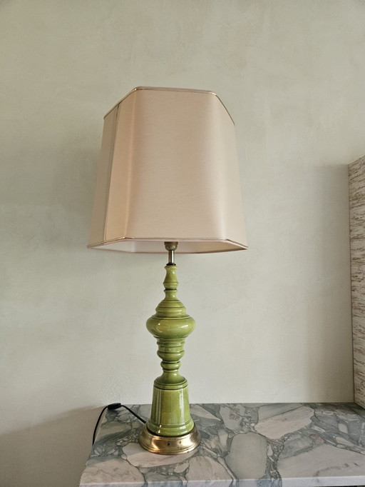 Paire de lampes vintage en céramique verte avec abat-jour nu