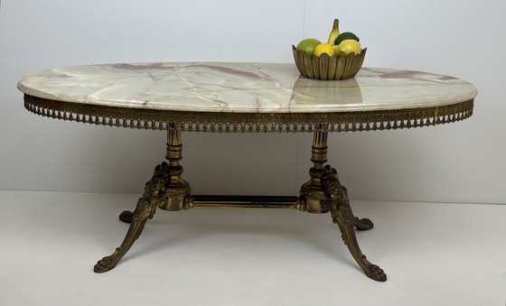 Image 1 of Tavolino da caffè vintage in pietra naturale, ottone e marmo onice