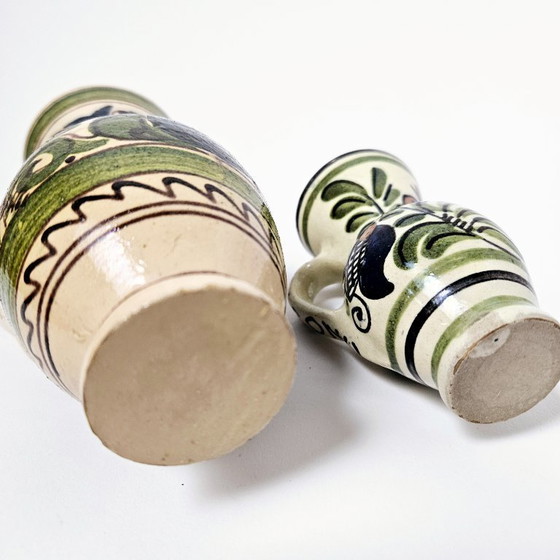 Image 1 of Transylvania Floral Ceramic Jugs Pitchers Vases |2 Pcs Set Vintage Traditional HandPainted Hungarian Folk Art Pottery | Korond 