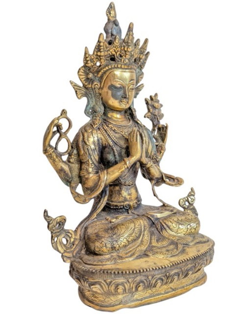 Avalokiteshvara (Chenrezig) à quatre bras en bronze doré – Himalaya – beeldhouwkunst, Gold (photo 2 of 11)