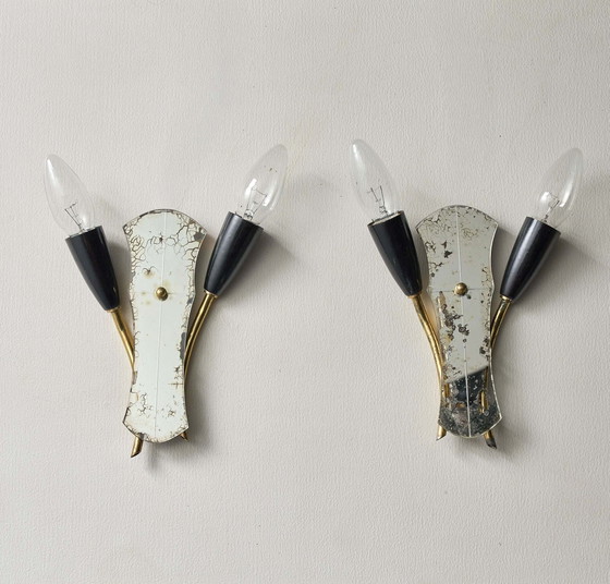 Brass and Mirrored Glass Wall Lamp, 1950s, Wall lights, Plastic, Black, Mid Century Modern (photo 4 of 14)