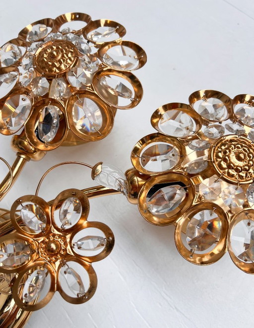 Brass and crystal Art Deco wall lamp attributed to PALWA, 1960s