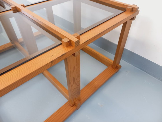 Image 1 of Vintage square coffee table in pine and smoked glass from the 70s/80s