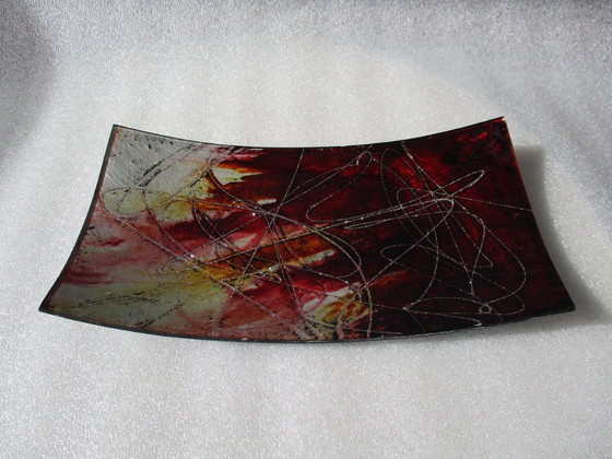 Image 1 of Fused glass sushi bowl or tray, rectangular, garnet/gold wire.