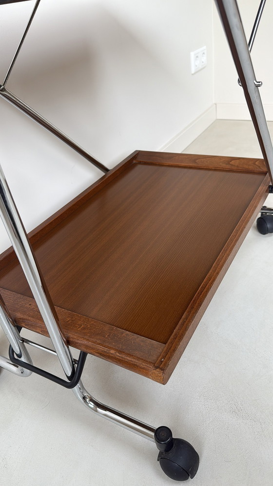 Image 1 of Vintage Mid Century stijl trolley / serveerwagen van chroom en hout
