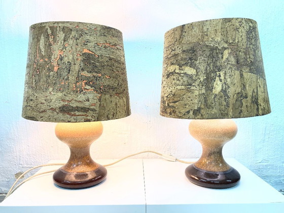 Image 1 of 2 Leola table lamps, ceramic base, cork shade, 1970s/80s