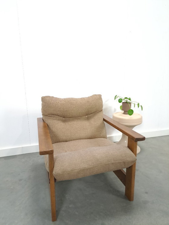 Image 1 of Bruin grijze fauteuil met eikenhouten frame