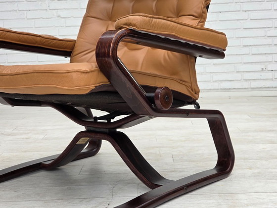1970s, Norwegian design, adjustable armchair, leather, bentwood. (photo 6 of 25)