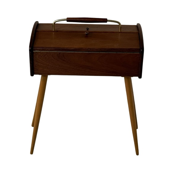 Image 1 of Teak wood - Vintage sewing box on tapered legs -  Scandinavian, Denmark, ca. 1960’s