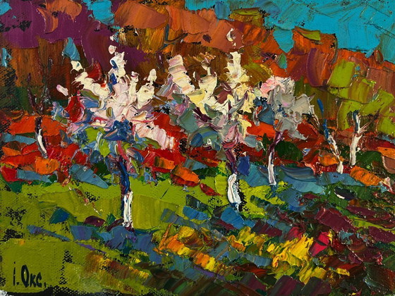 Image 1 of Original Oil Painting Colorful Forest Landscape Flowering trees in the garden