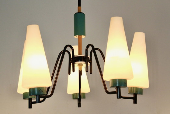 Lampada a sospensione olandese in acciaio, legno e vetro opalino, Lampadari, polished steel (foto 5 di 10)
