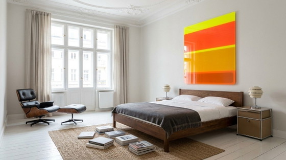 XXL Neon Abstract | Oranje Goud Geel | Fluorescerend Kunst Kleurveld Schilderij | 140 × 140 cm Acrylglas (photo 4 of 5)