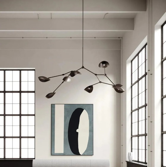 Image 1 of Stingray Brass Mid Century Modern Chandelier, Handcrafted 8 Arm Sputnik Light Fixture, Custom Curved Disk Multi Shade Large Ceil