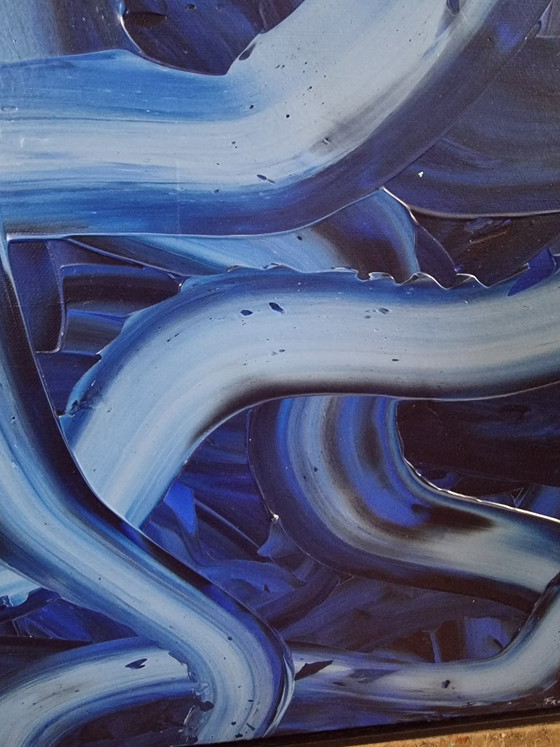 Image 1 of Frances Eckhardt - 50x50 cm handgeschilderd abstract blauw schilderijtje ingelijst