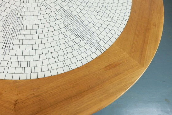 Image 1 of large round 60s mosaic tile top coffee table white mosaic walnut frame chrome base
