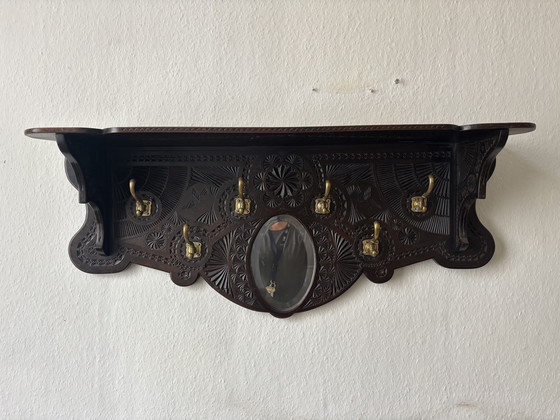 Image 1 of Unique antique wooden coat rack with mirror