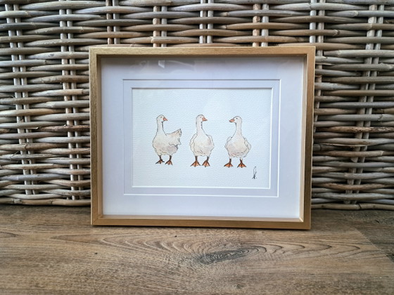 Image 1 of Original watercolor painting three geese including frame